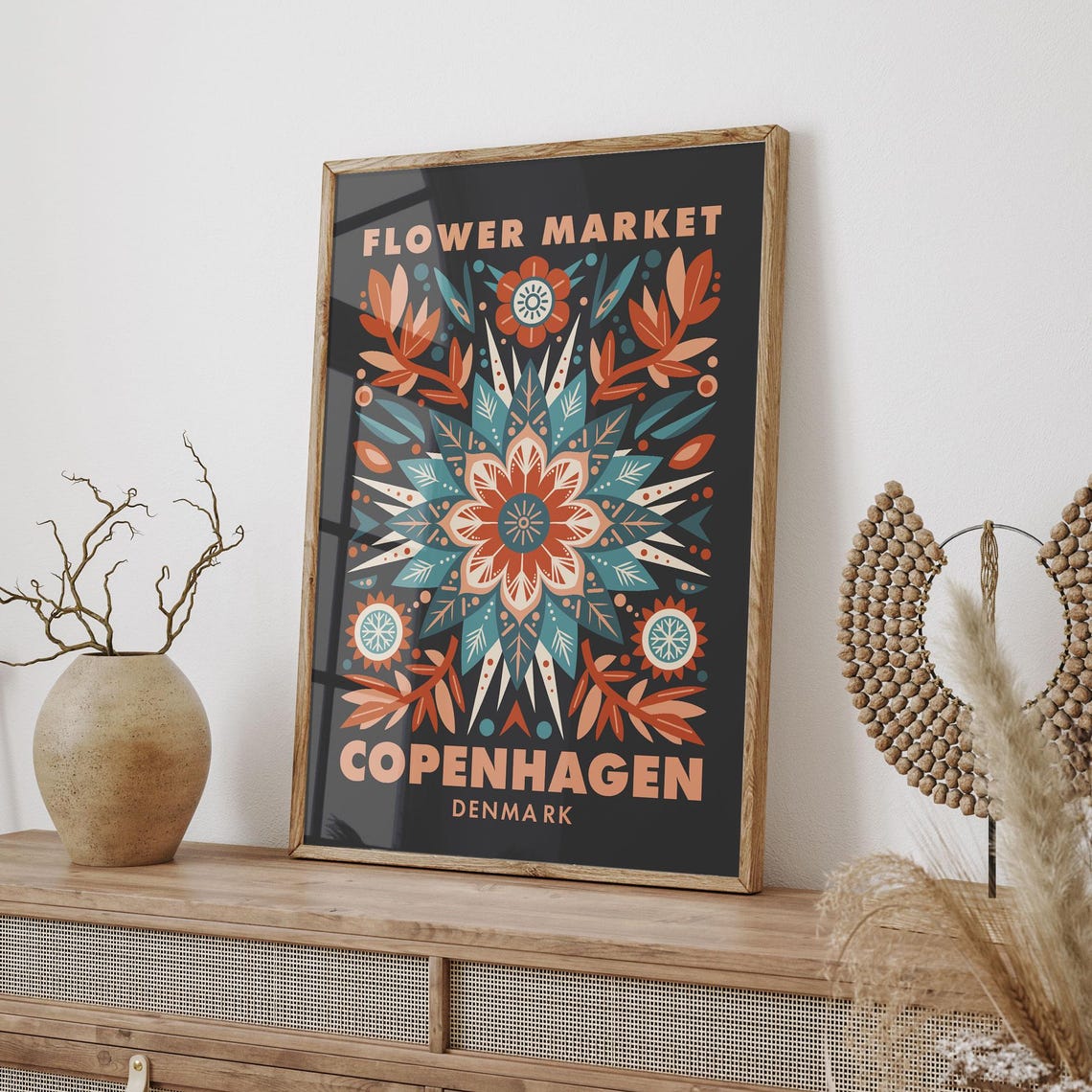Flower Market Copenhagen Denmark Folk Floral Dark Boho Art Poster - Image 5
