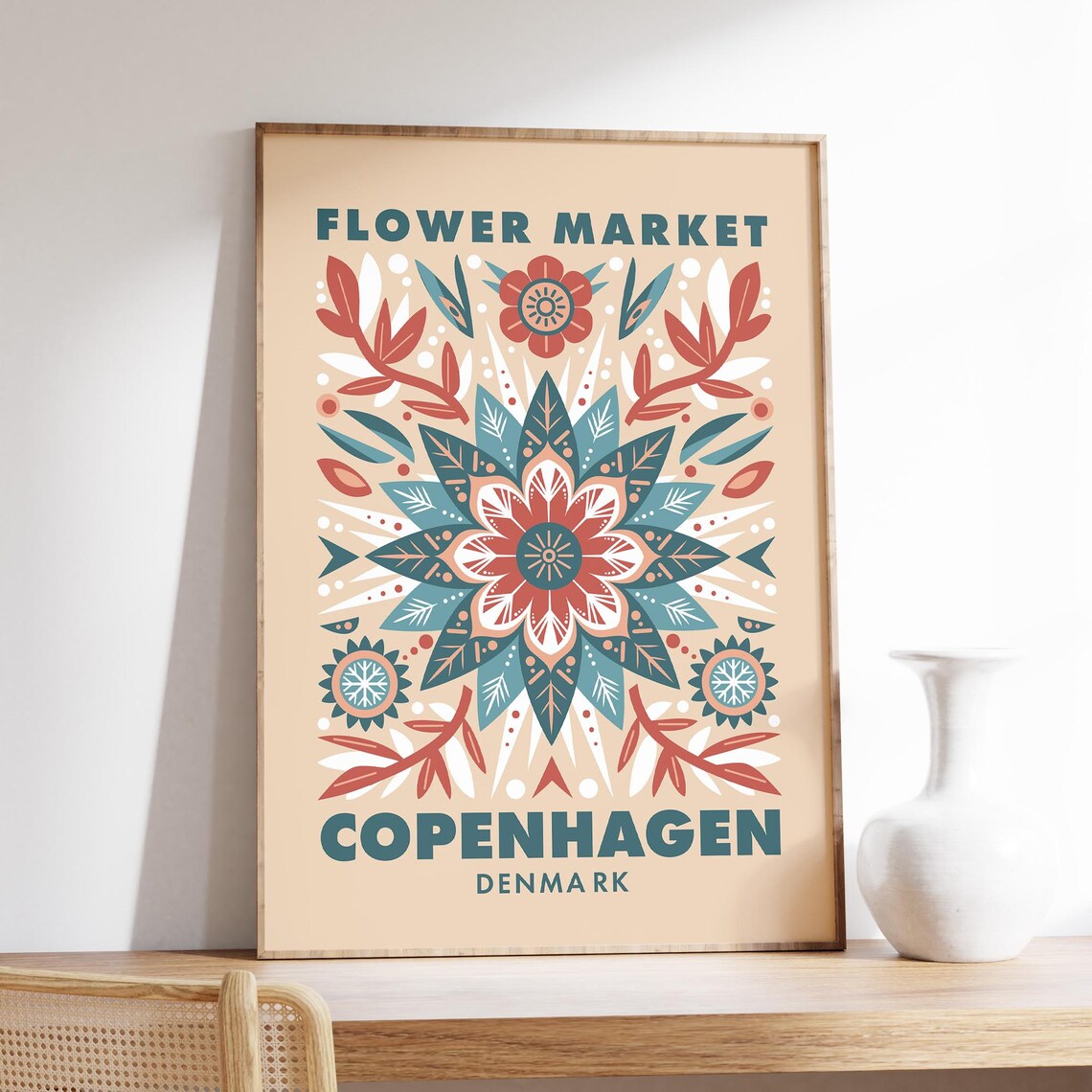 Flower Market Copenhagen Denmark Folk Art Floral Illustration Poster