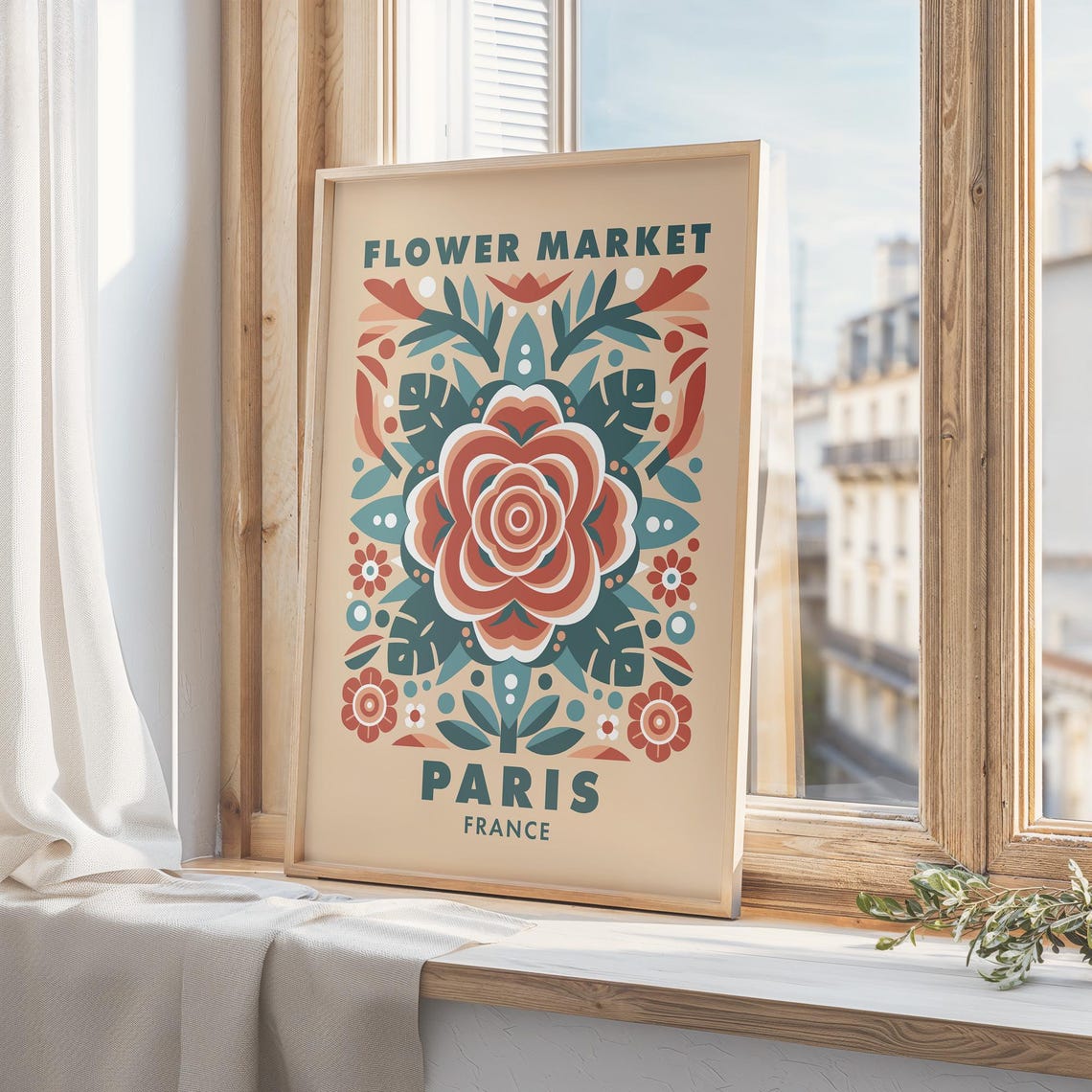 Paris Flower Market Print Folk Illustration Neutral Wall Art Rose Illustration French Flower Market Sign France Travel Poster Home Decor - Image 4