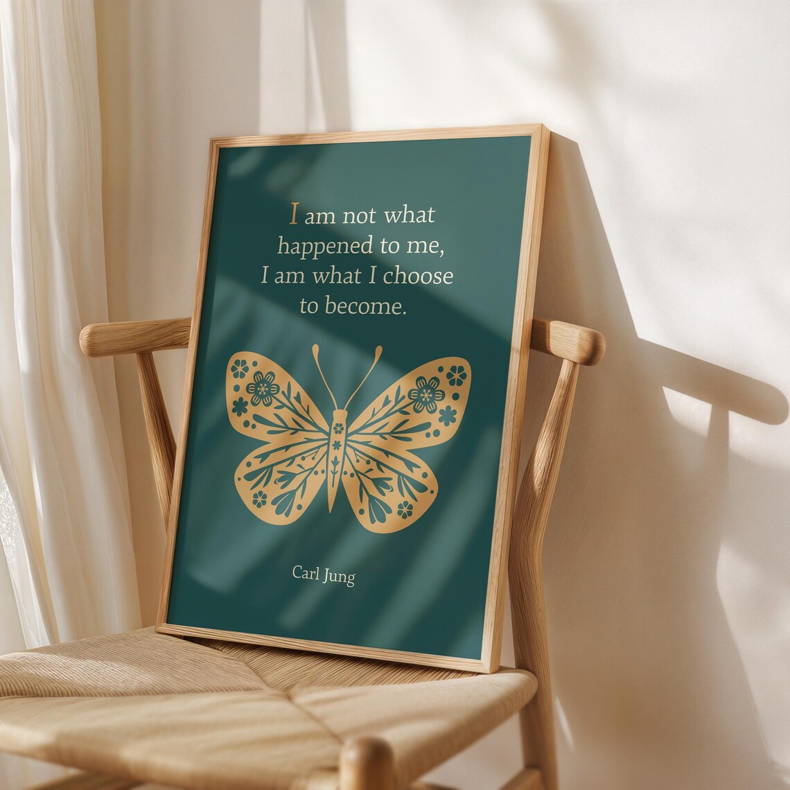 Carl Jung Become Quote Gold Butterfly Teal Therapy Office Art Poster