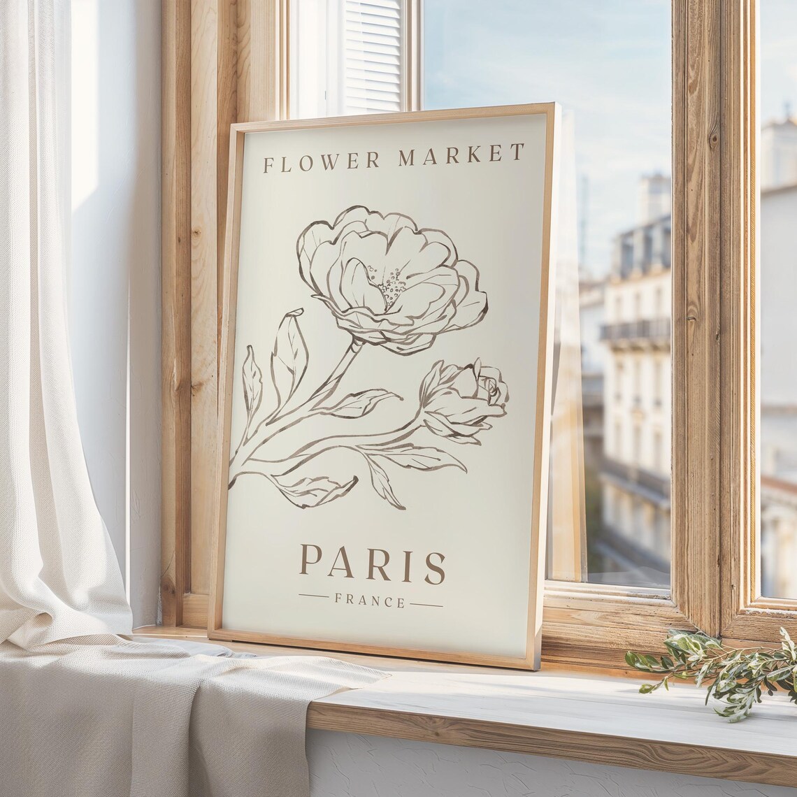Flower Market Paris France Peony Rose Line Drawing Romantic Poster