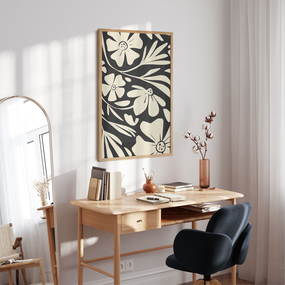 Bold Black Botanical Cream Flowers On Black Floral Wall Poster - Image 5
