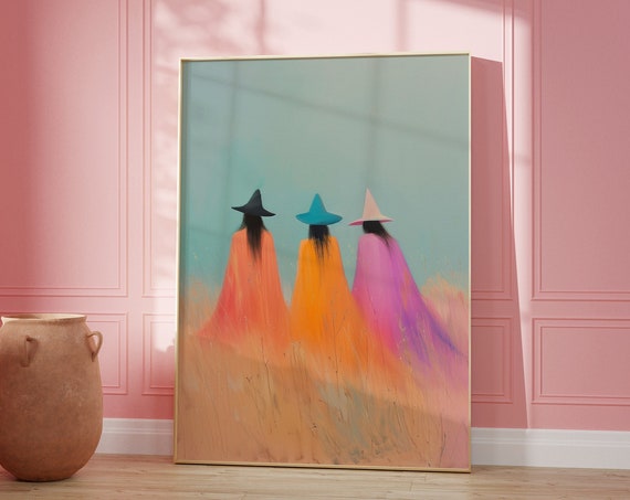 Pastel Three Witches Painting Print Cute Halloween Decor Spooky Wall Decor Halloween Girl Room Decor Wall Art
