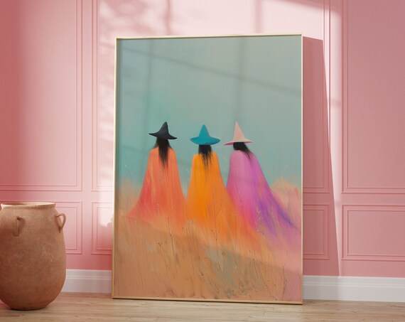 Three Witches in Colorful Capes Walking Through a Field Poster