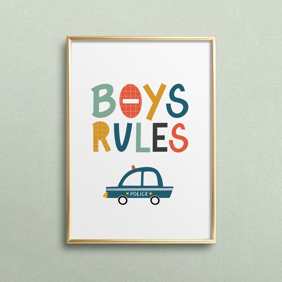 Boys Rules Fun Police Car Playroom Boys Bedroom Decor Poster