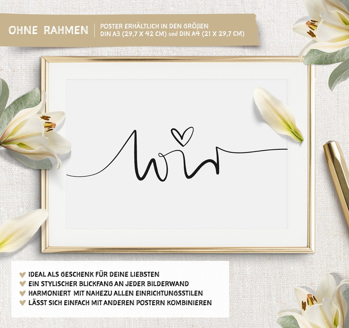 Wir German Typography Art Print, Love Quote - Image 2