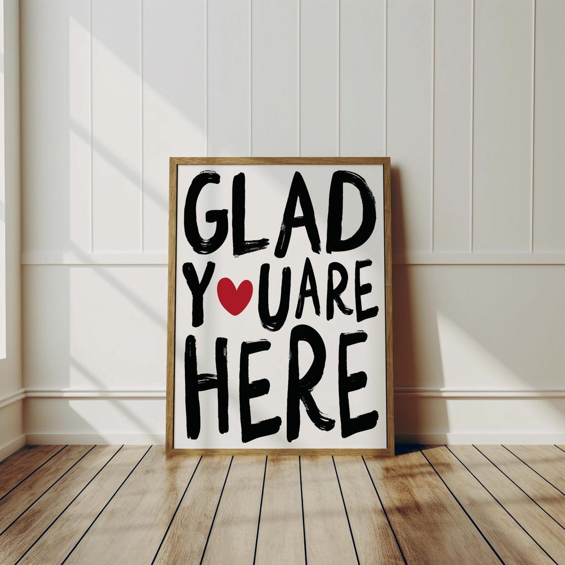 Glad You Are Here Black Brush Lettering Entryway Quote Poster
