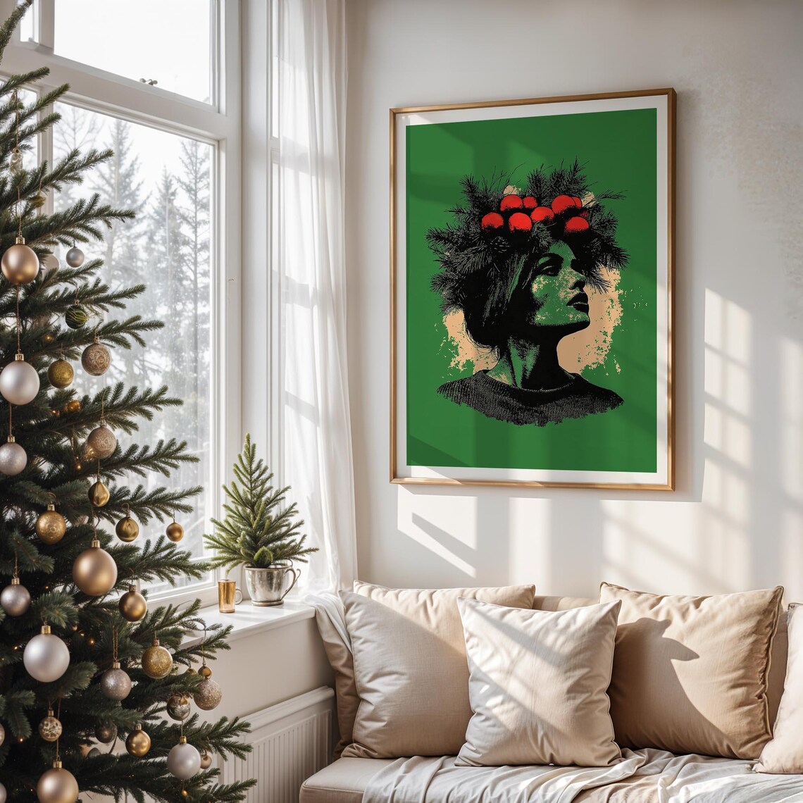 Woman Portrait Christmas Ornament Hair Crown Green Pop Art Wall Art - Image 5