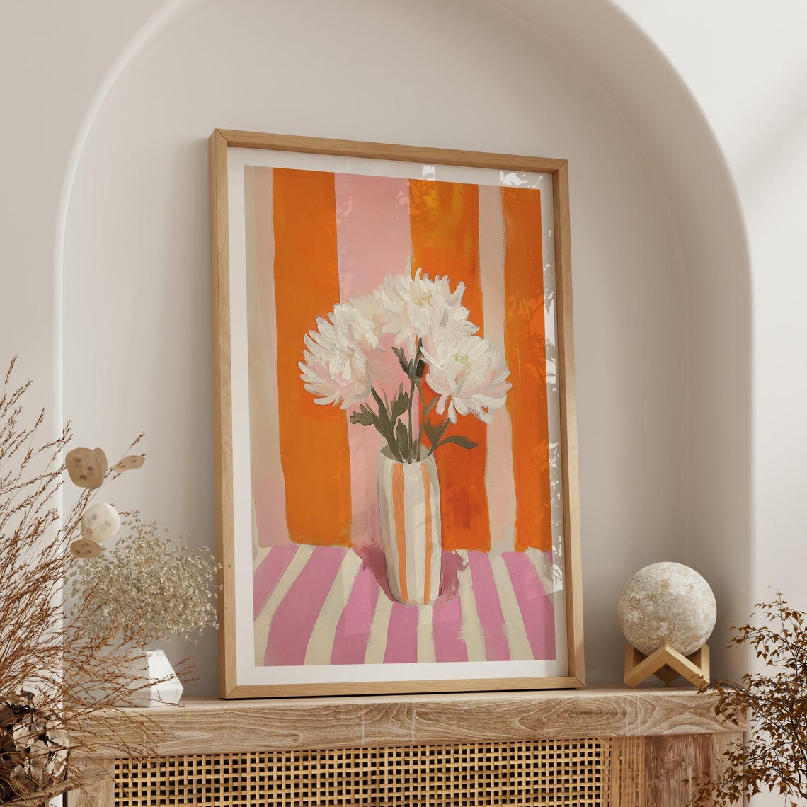 White Flowers Vase on Orange Striped Poster Bold Floral Still Life - Image 4
