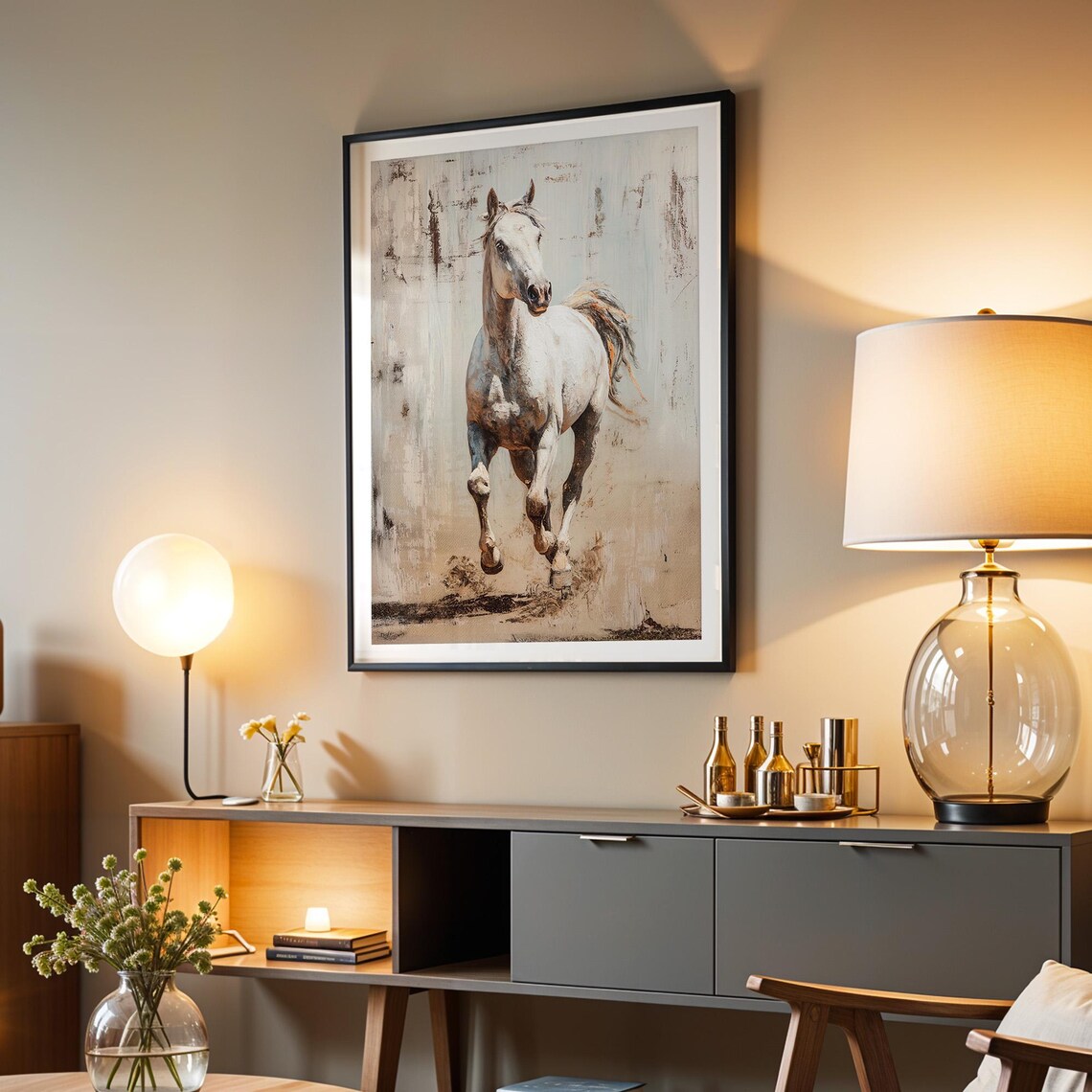 Rustic White Horse Trotting Poster on Gray Vintage Equestrian Art - Image 2