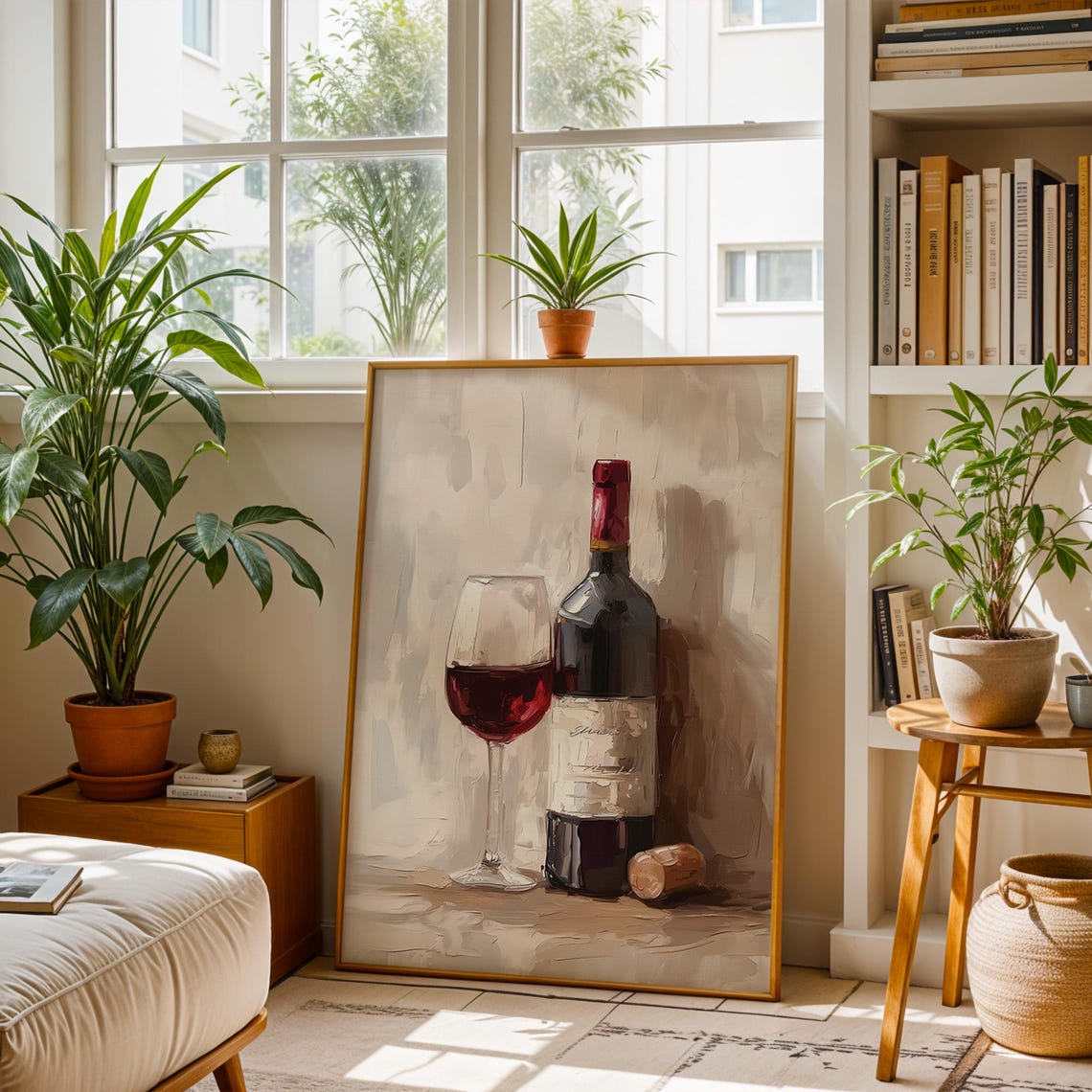 Red Wine Bottle And Glass Oil Painting Rustic Kitchen Poster - Image 2