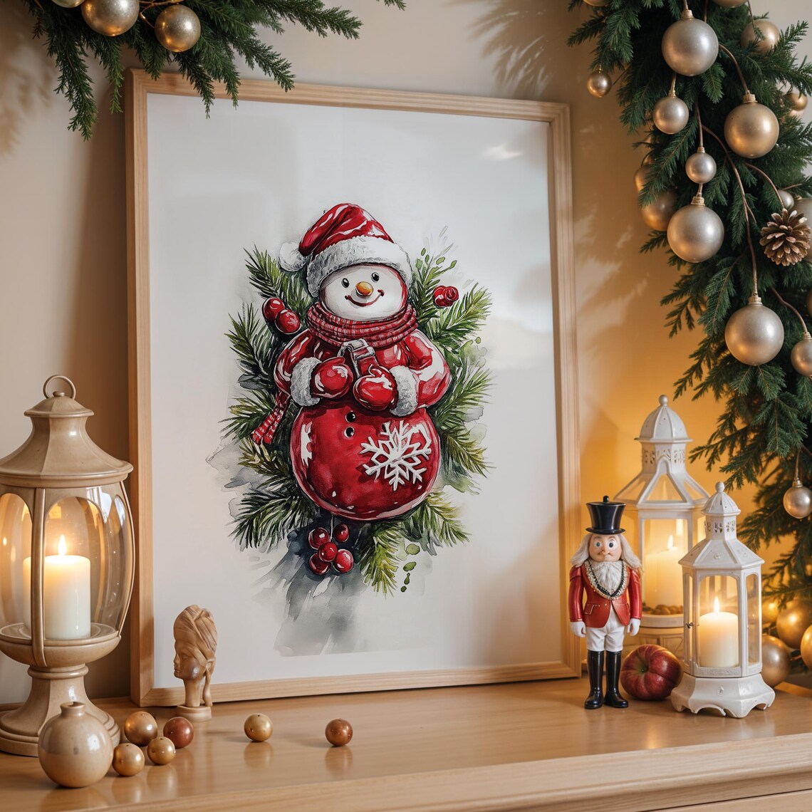 Cute Red Snowman Santa Hat Watercolor Pine Branch Christmas Wall Art - Image 4
