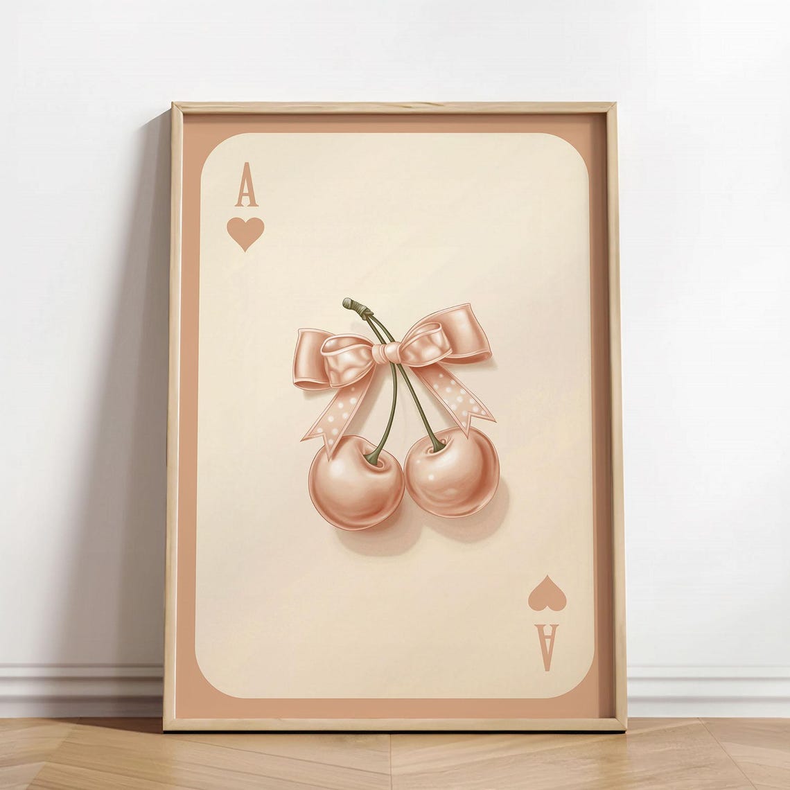 Ace of Hearts Cherries Satin Bow Neutral Trendy Card Wall Art Poster