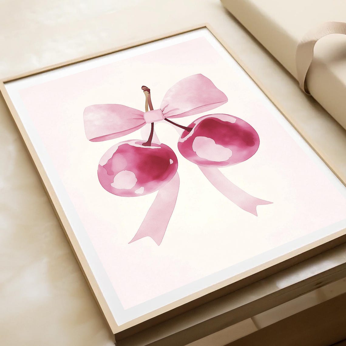 Pink Cherries with Bow Watercolor Poster Cute Fruit Wall Decor - Image 4