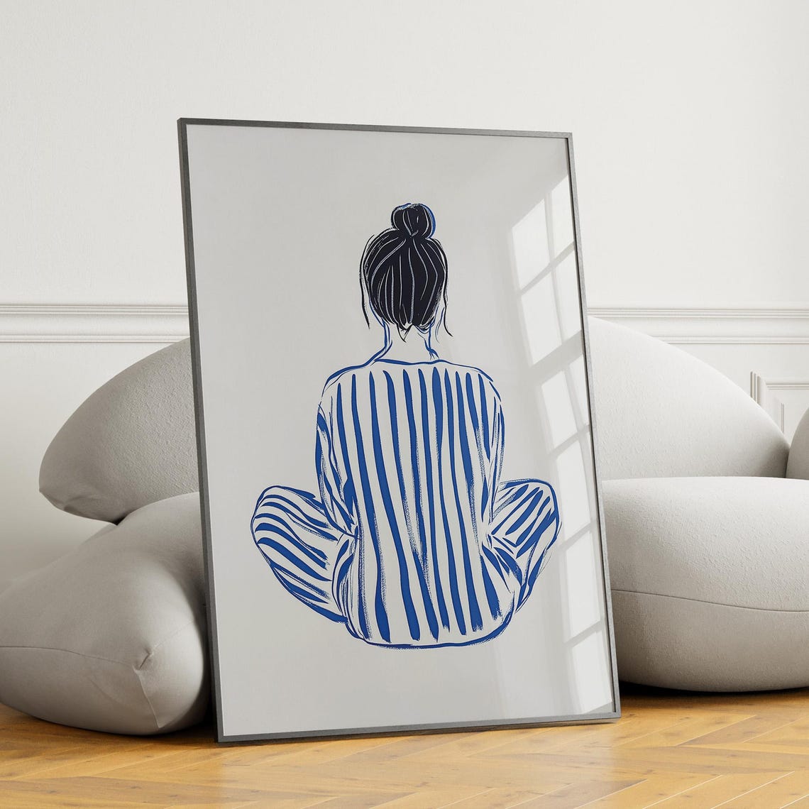 Seated Woman Back View Minimalist Blue Striped Line Art Poster - Image 5