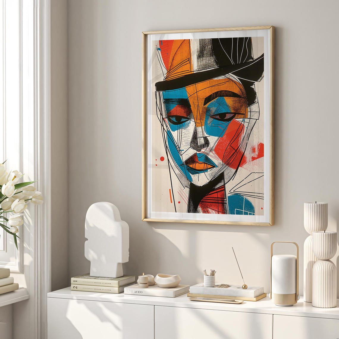 Abstract Geometric Cubist Face Blue Orange Modern Portrait Wall Art - Image 4