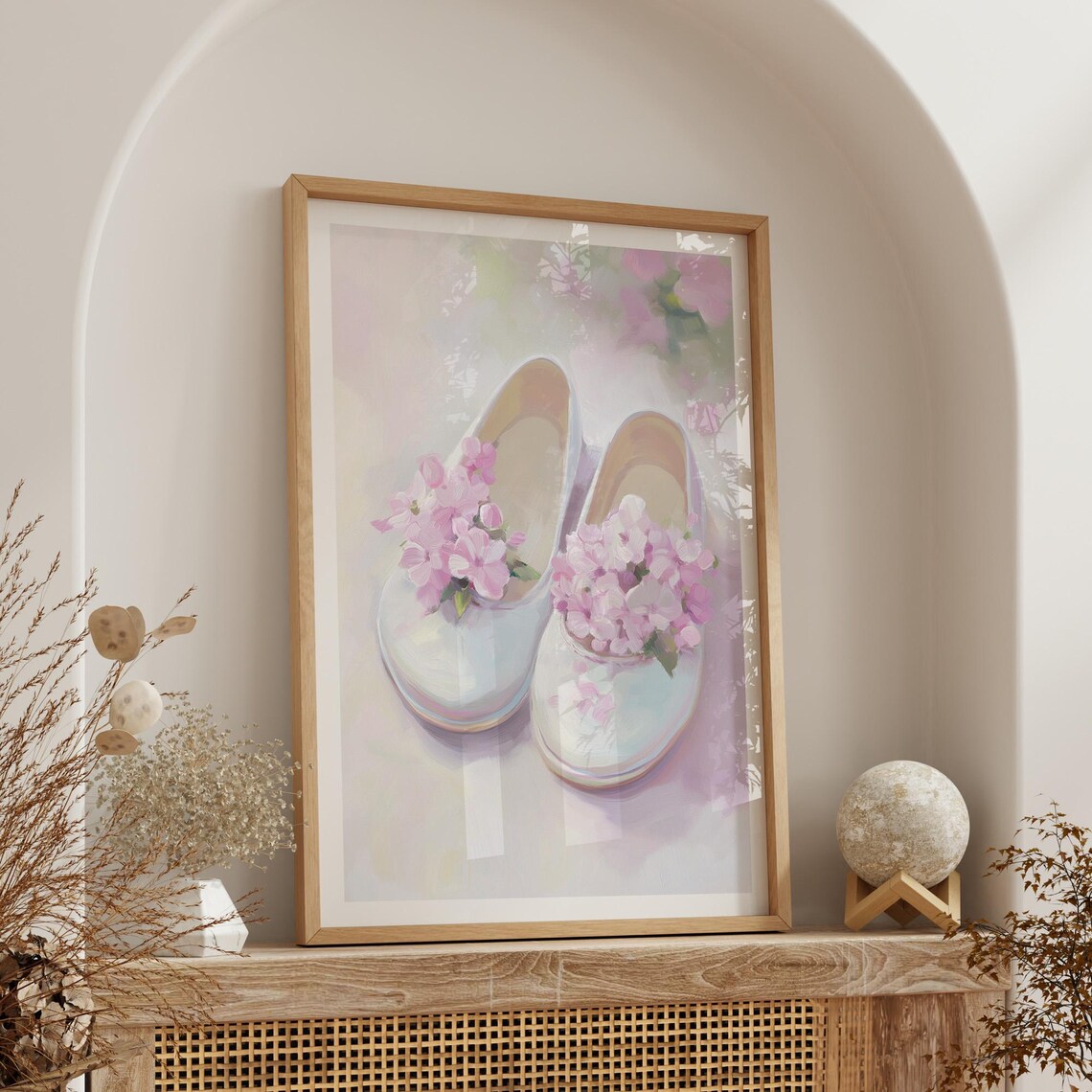 White Ballet Shoes with Pink Flowers Poster Soft Feminine Decor - Image 3