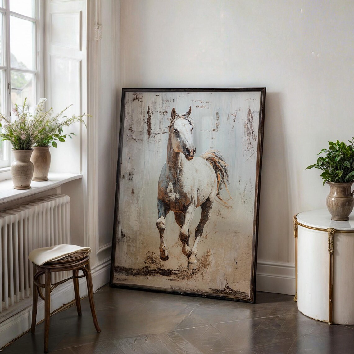Rustic White Horse Trotting Poster on Gray Vintage Equestrian Art - Image 3