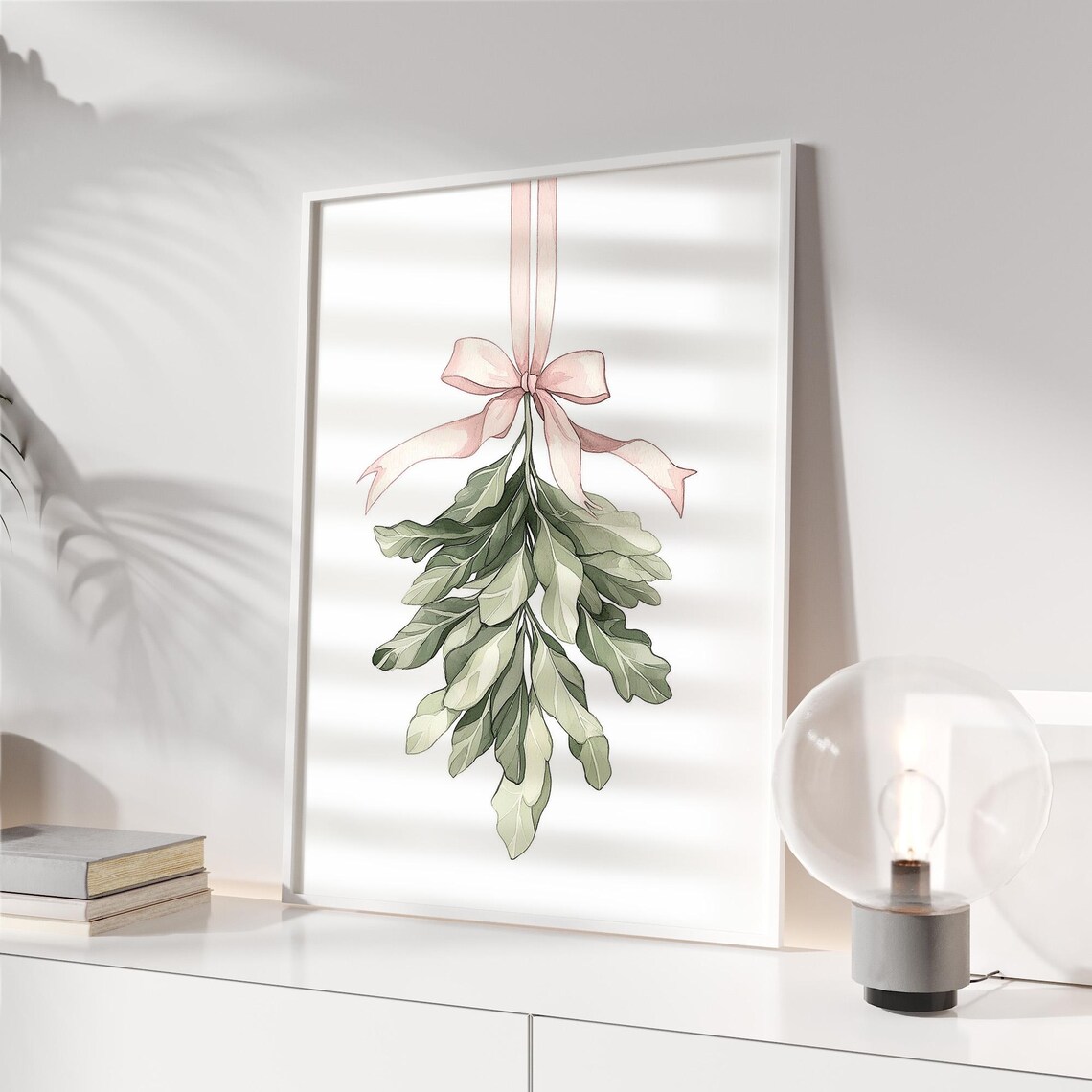 Mistletoe Watercolor Christmas Poster with Pink Bow Holiday Decor - Image 2