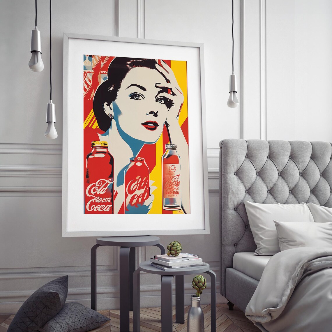 Retro Pop Art Woman Vintage Soda Bottles Red Yellow Kitchen Wall Art - Image 3