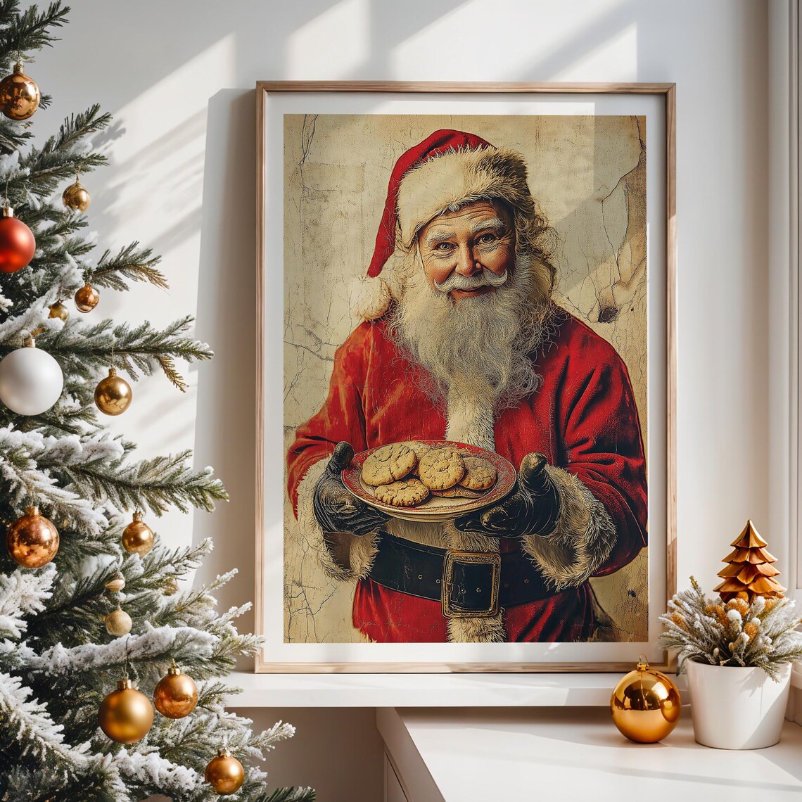 Vintage Santa Claus Holding Plate of Cookies Rustic Holiday Wall Art - Image 5