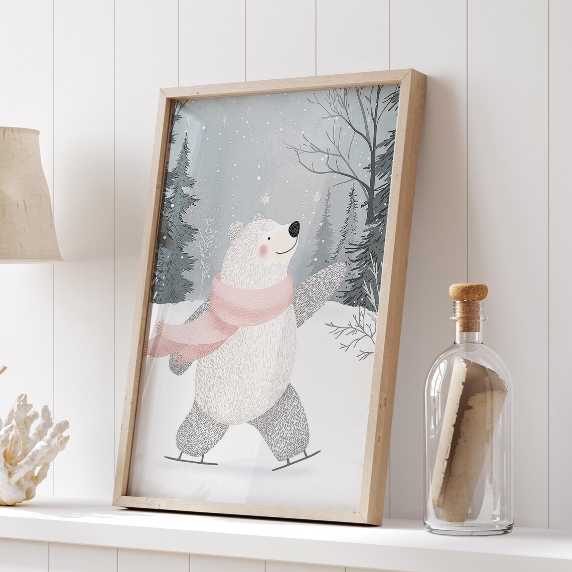 Cute Polar Bear Ice Skating Winter Poster with Pink Scarf Art - Image 5