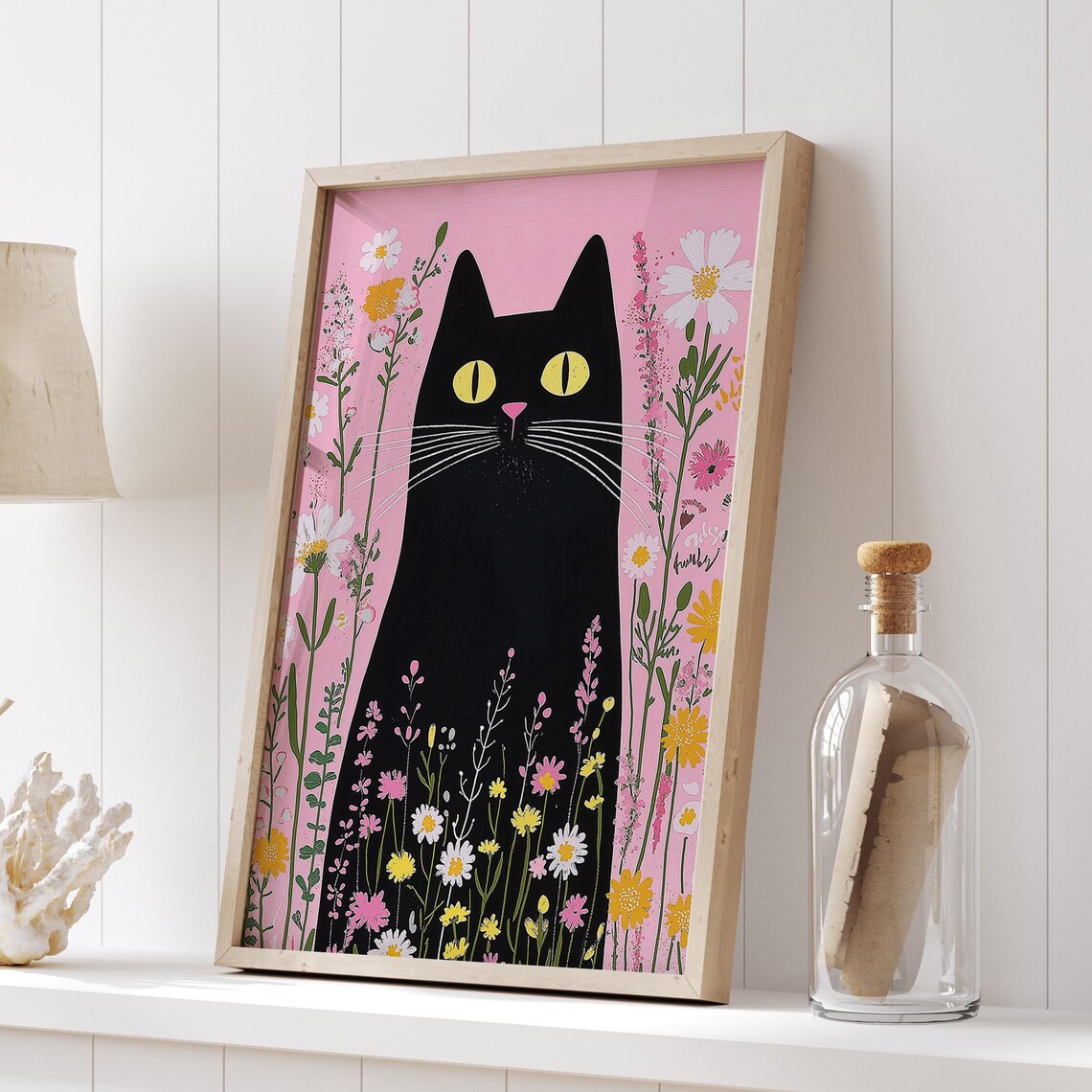 Black Cat With Yellow Eyes In Wildflower Garden Cottage Home Decor Poster - Image 4