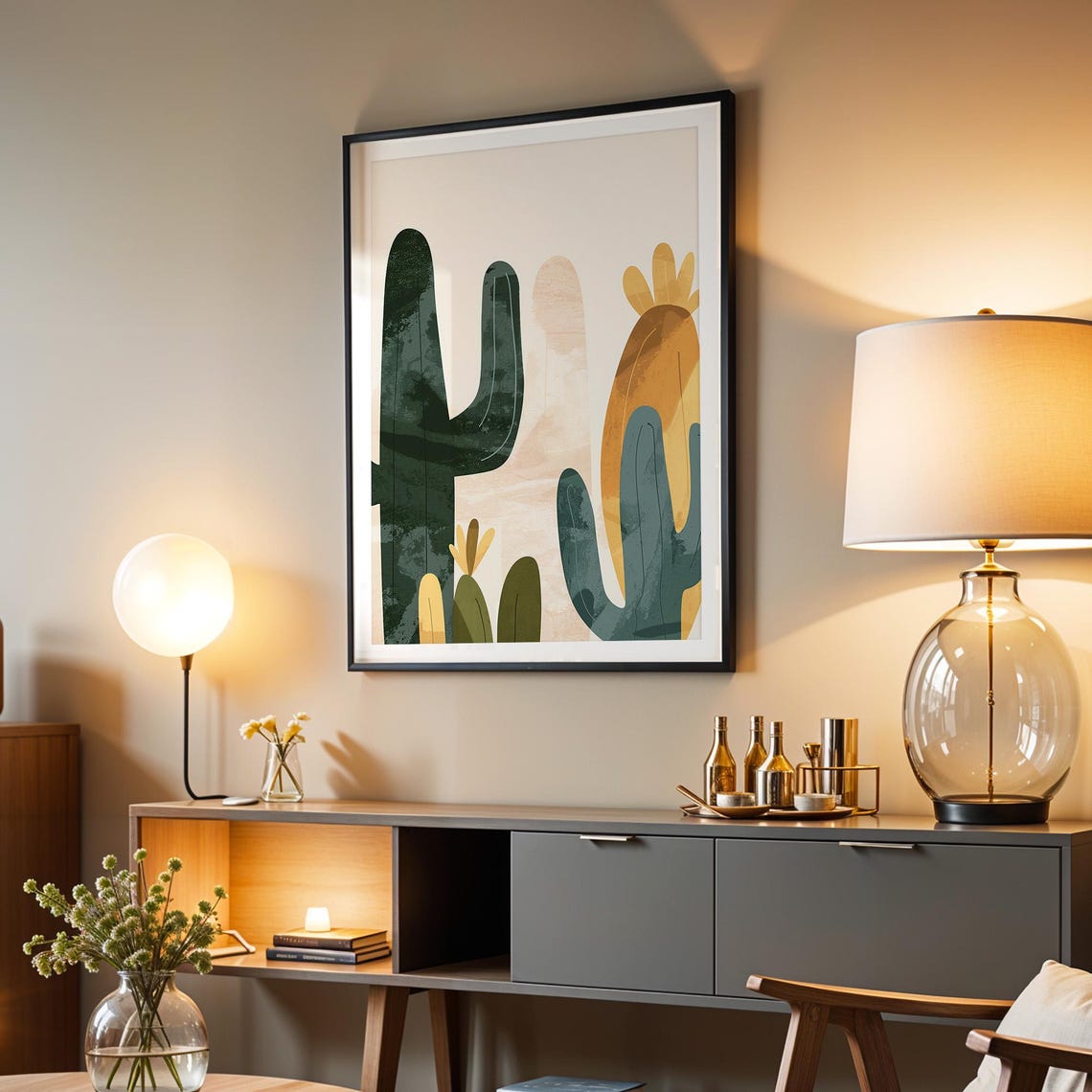 Abstract Desert Cactus Poster Green and Yellow Modern Boho Decor - Image 2