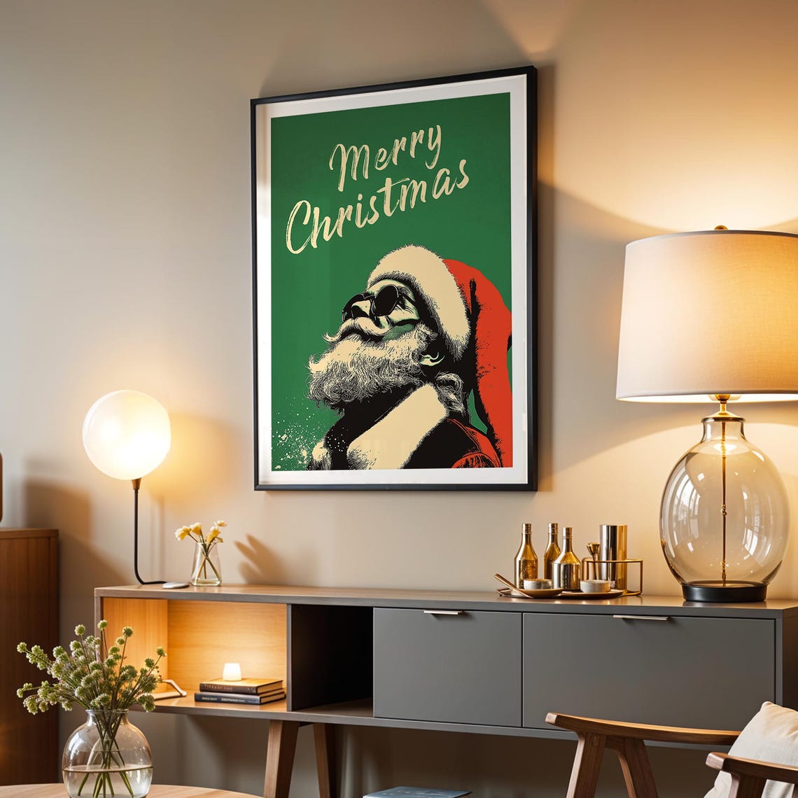 Merry Christmas Cool Santa Sunglasses Retro Script Green Art Poster - Image 3