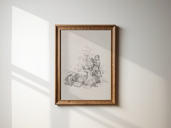 Vintage Sketch Children Trimming Christmas Tree Neutral Wall Art