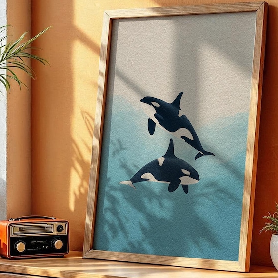 Two Orcas Swimming Minimalist Ocean Killer Whale Family Art Poster
