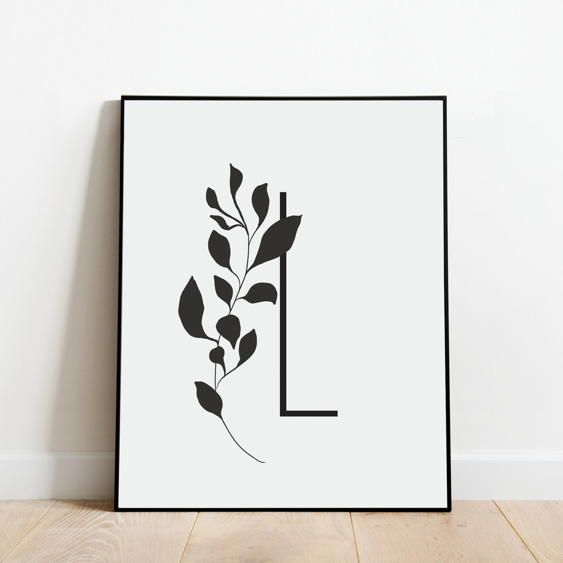 Letter L Botanical Initial Print with Soft Gray Leaf Sprig Artwork - Image 4