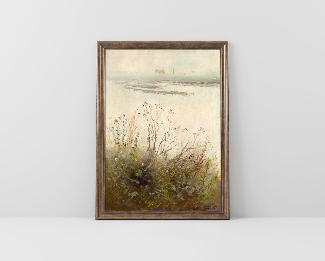 Hazy Lakeside Wild Plants Minimalist Vintage Landscape Painting Poster - Image 4