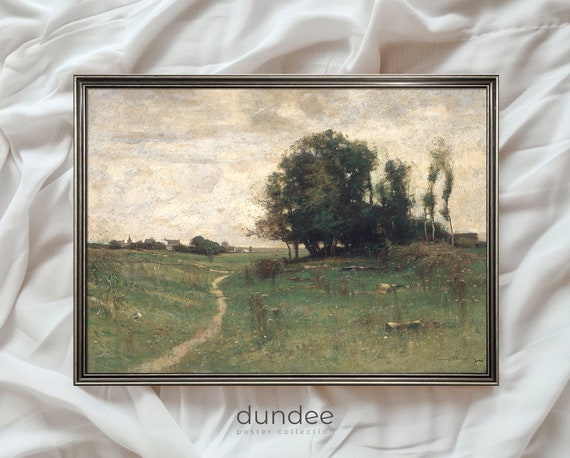 Moody Country Road Landscape Painting Farmhouse Vintage Art Green Landscape Print Wall Art