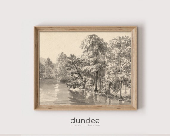 Trees By The Lake Poster Art Vintage Print Country Landscape Painting Antique Country Decor