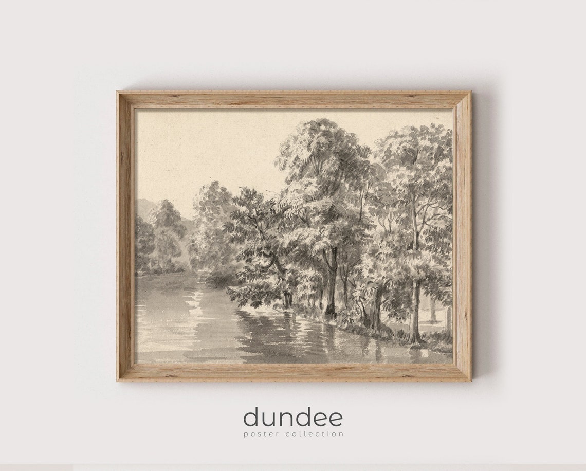 Sepia Trees By The Lake Vintage Pencil Sketch Nature Art Poster