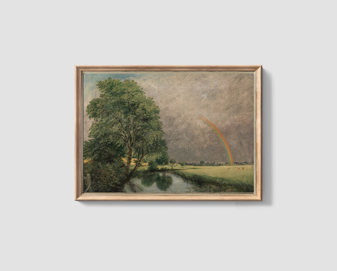 Rainbow Over Country River Vintage Landscape Tree Painting Poster - Image 3