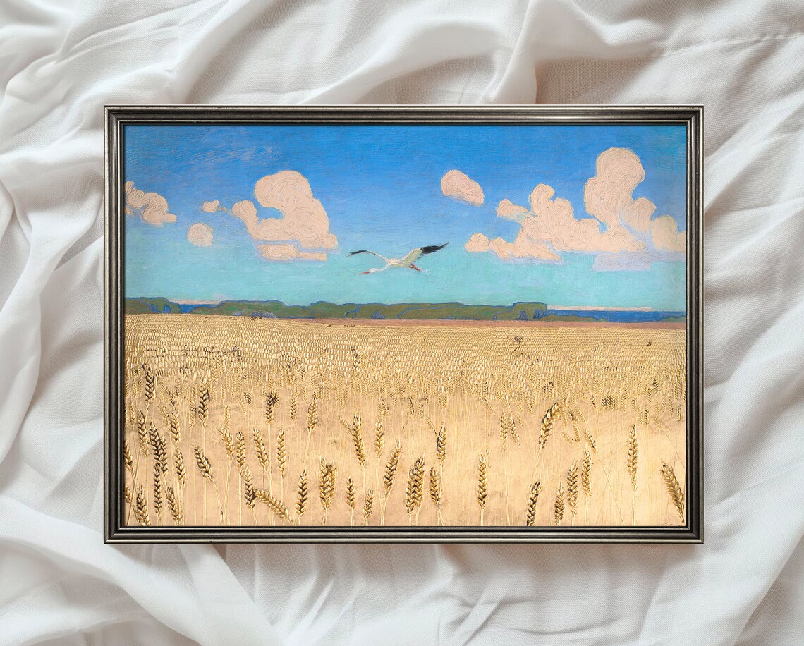 Golden Wheat Field with Flying Bird Vintage Landscape Poster - Image 4