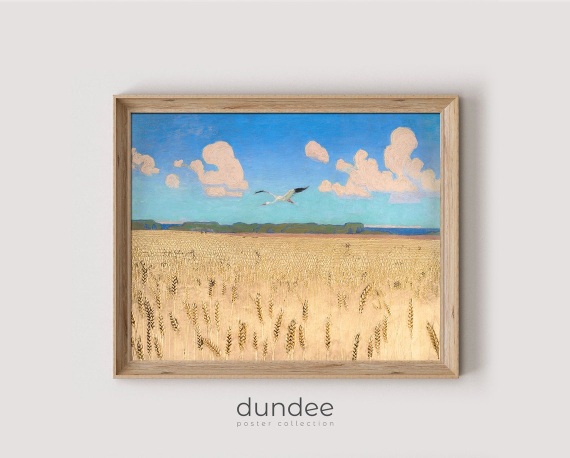 Golden Wheat Field with Flying Bird Vintage Landscape Poster