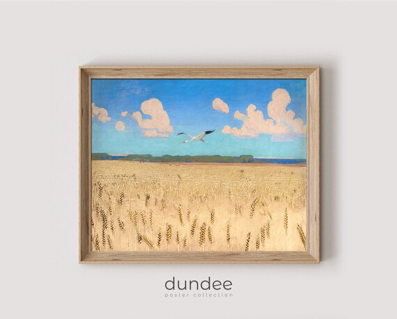Golden Wheat Field with Flying Bird Vintage Landscape Poster