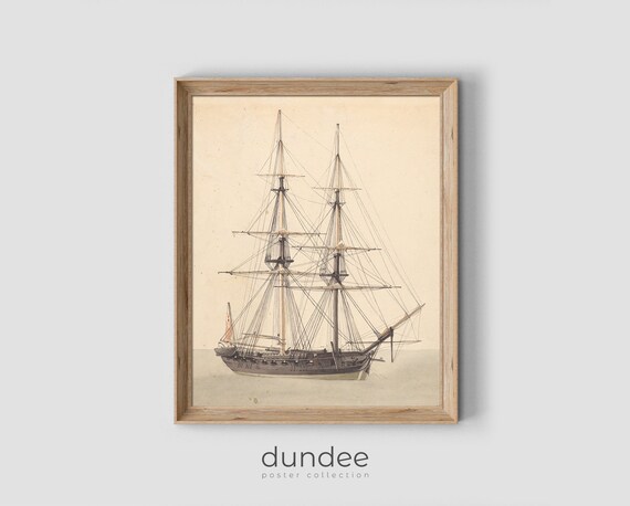 Antique Tall Ship With Two Masts Vintage Nautical Engraving Poster