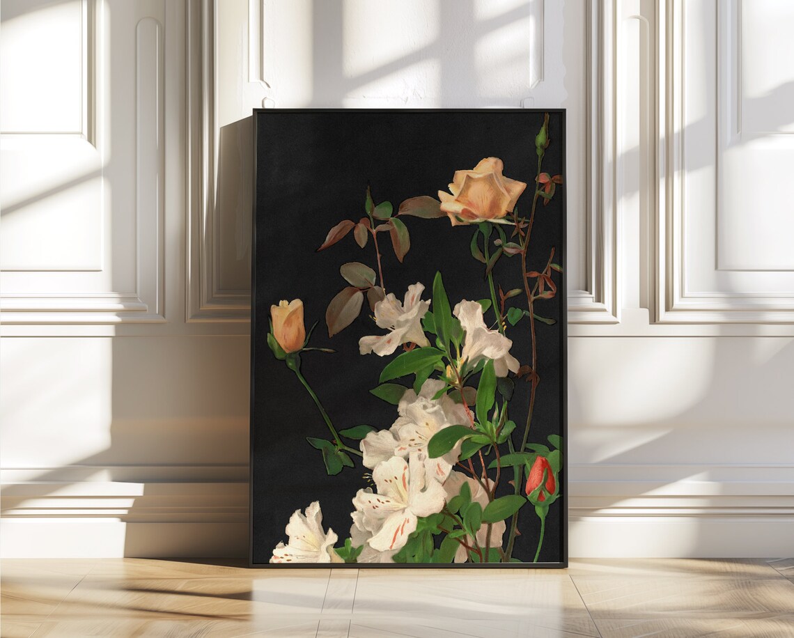 Roses White Lilies Dark Background Vintage Botanical Floral Poster - Image 4