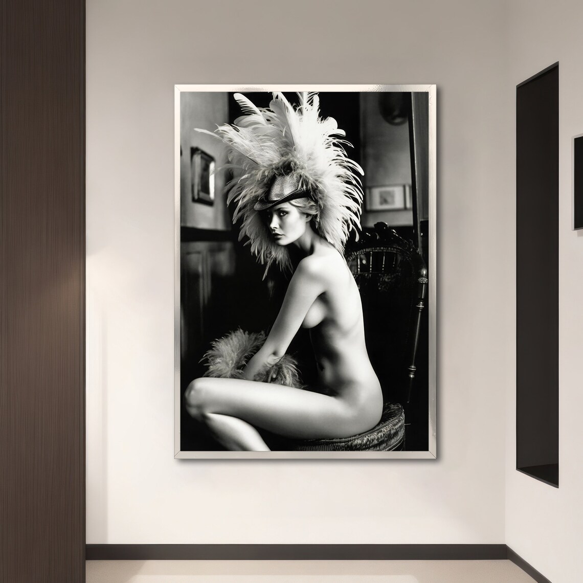 Vintage Allure Nude Woman Feather Hat, Elegant Art Print - Image 3