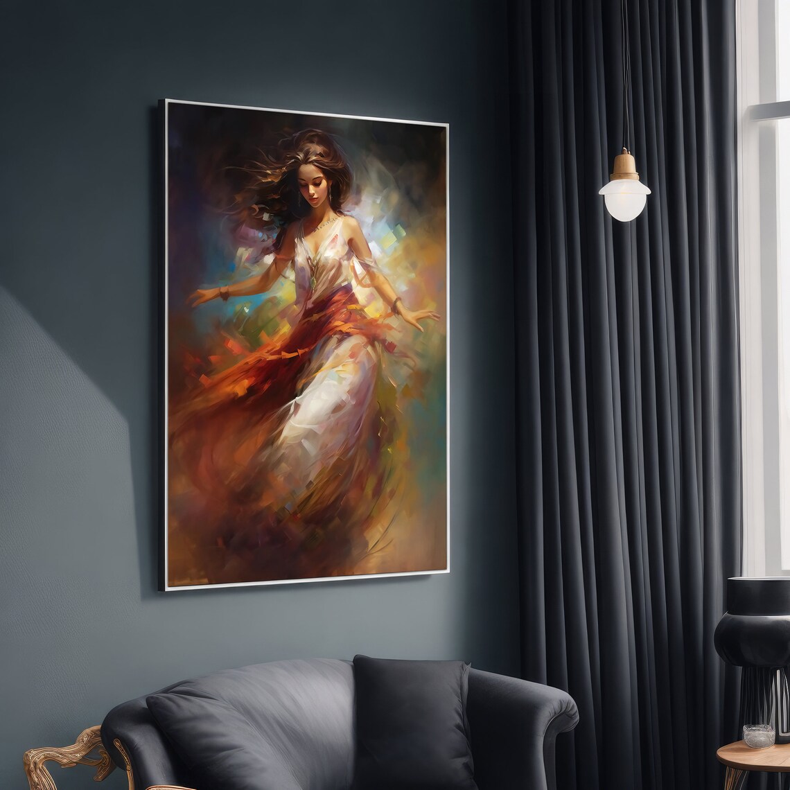 Graceful Woman in Flowing Dress, Elegant Portrait
