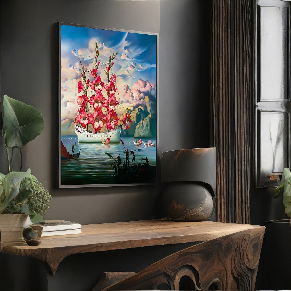 Surreal Flower Ship Painting, Fantasy Wall Art