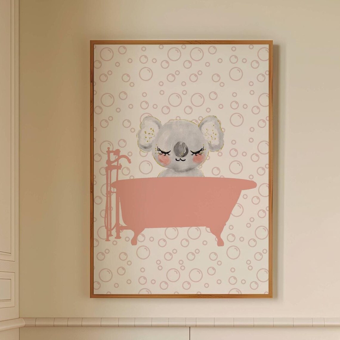 Cute Koala In Pink Bathtub Watercolor Bubbles Kids Bathroom Poster