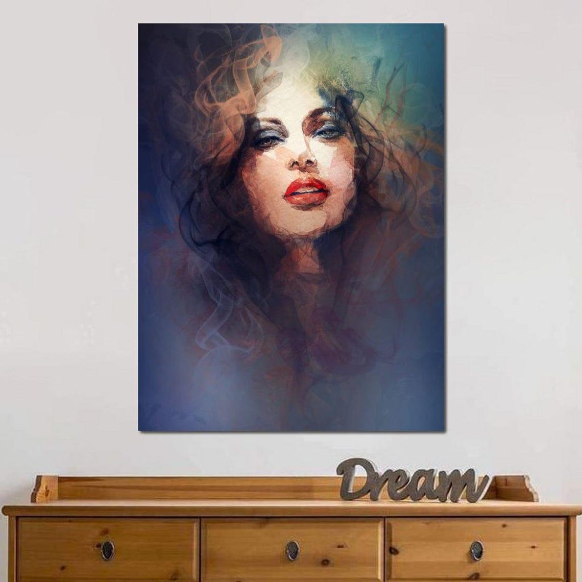 Mystical Smoke Veiled Woman Portrait Red Lips Watercolor Art Poster - Image 3