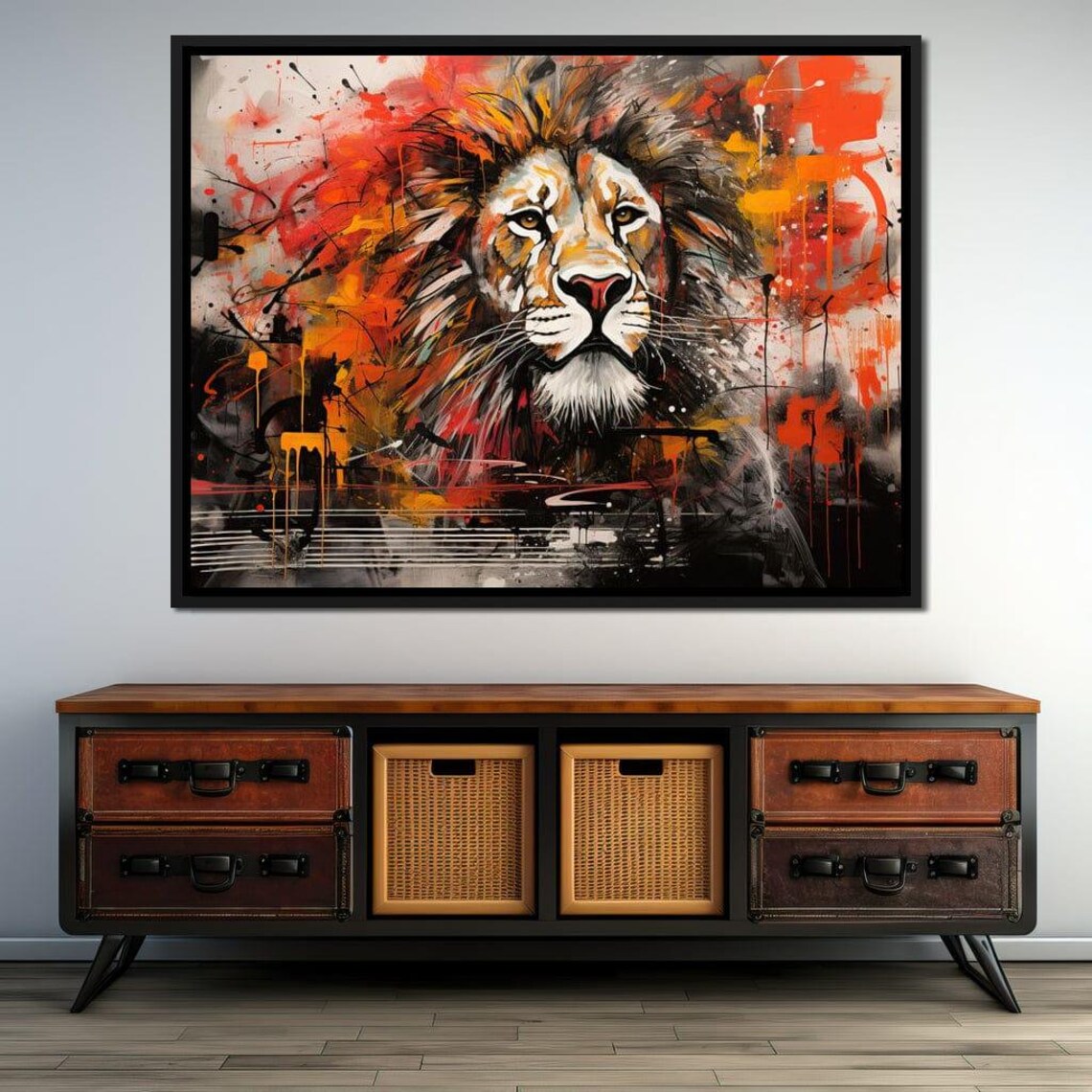 Majestic Lion Head Graffiti Paint Splash Orange Red Safari Art Print - Image 4