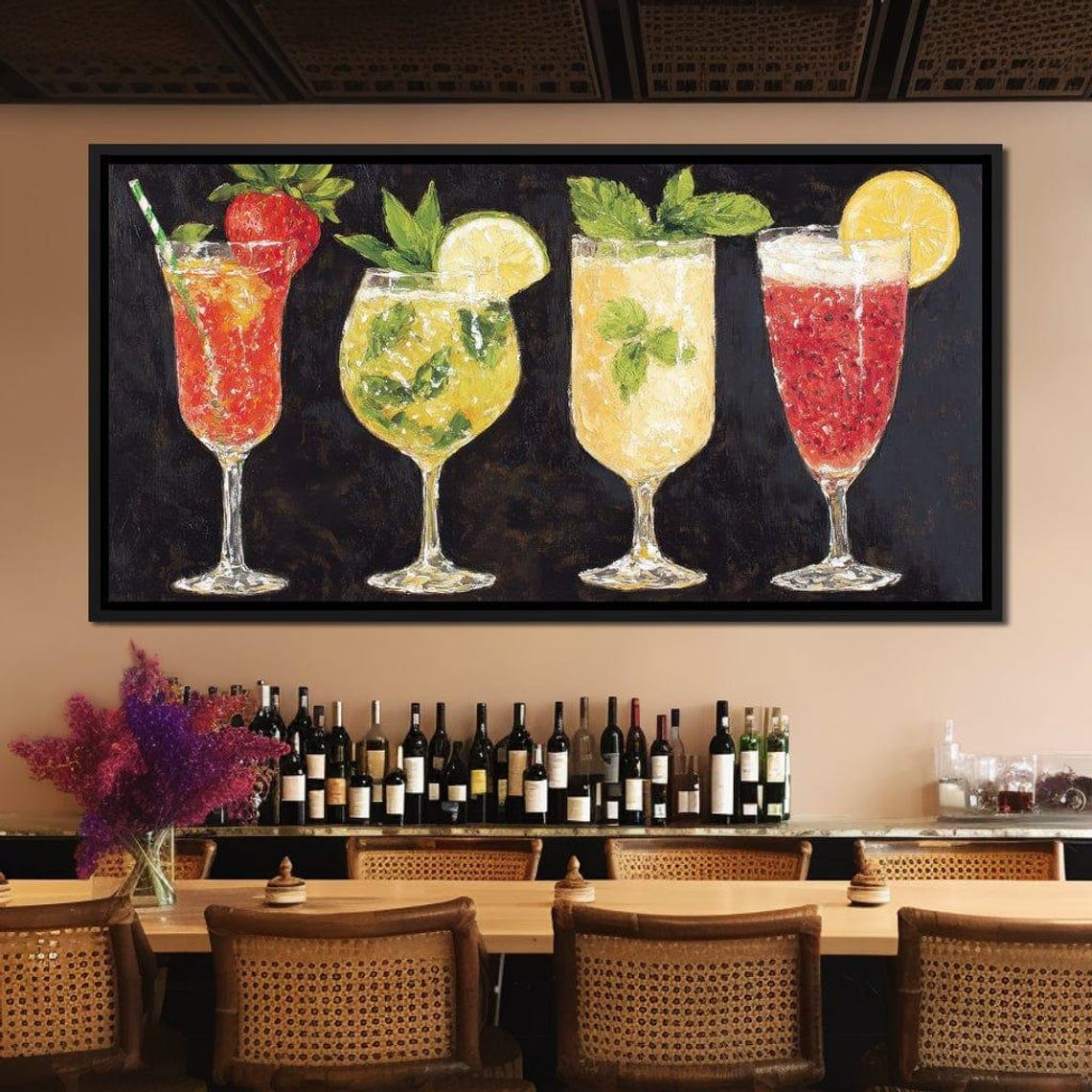 Four Colorful Summer Cocktails In Tall Glasses On Dark Canvas Poster - Image 3