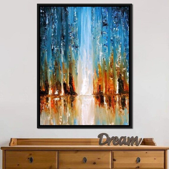 Of Existence Modern Abstract Wall Art Colorful Blue Orange Oil Painting Reflective Water Decor By Nichecanvas